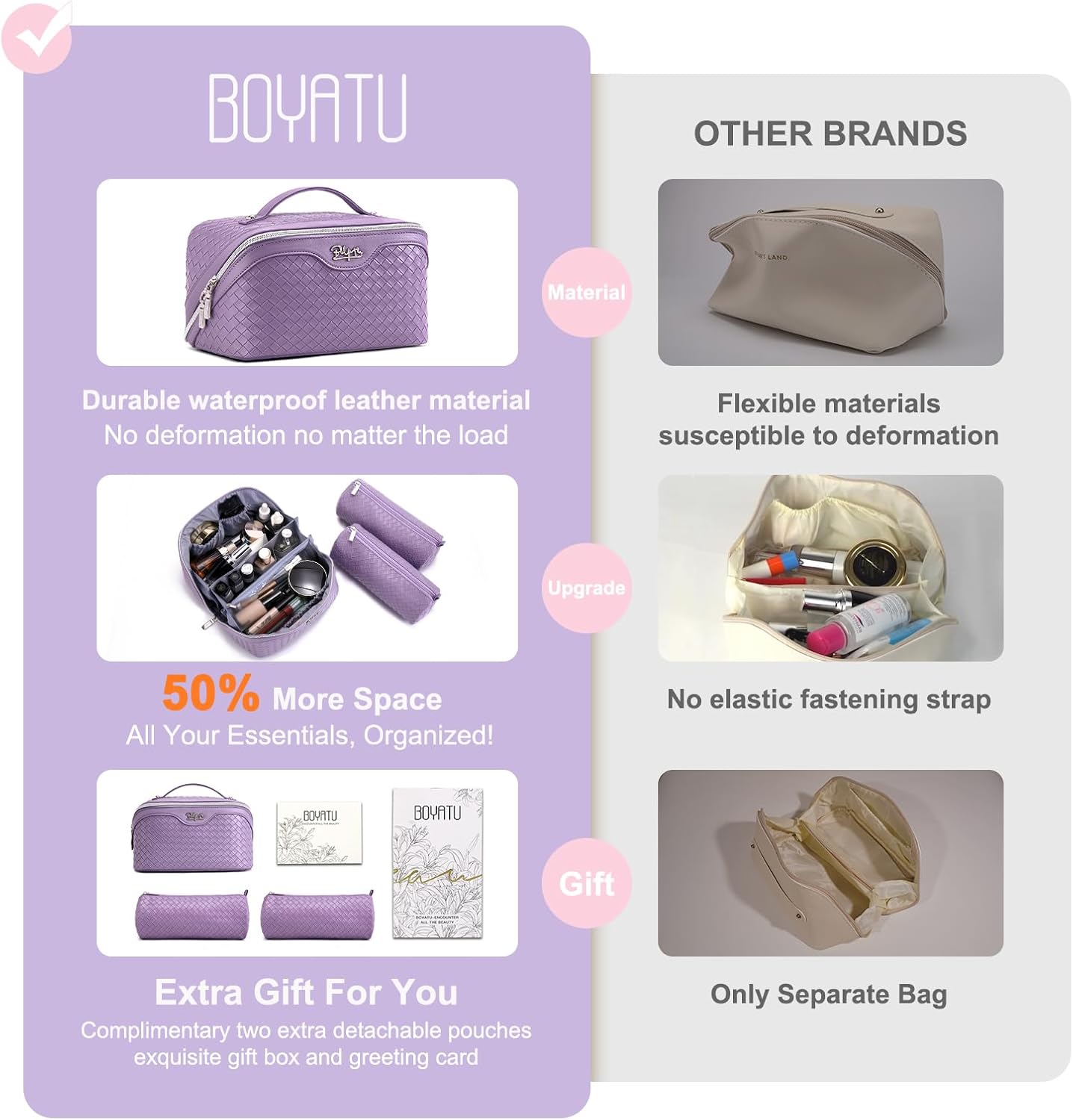 BOYATU Travel Makeup Bag Cosmetic Bags for Women: Large Capacity 3 Pcs Set Make up Bag with Compartments - Waterproof Vegan Leather Toiletry Organizer Bags with Handle - Travel Essentials(L01 Purple)