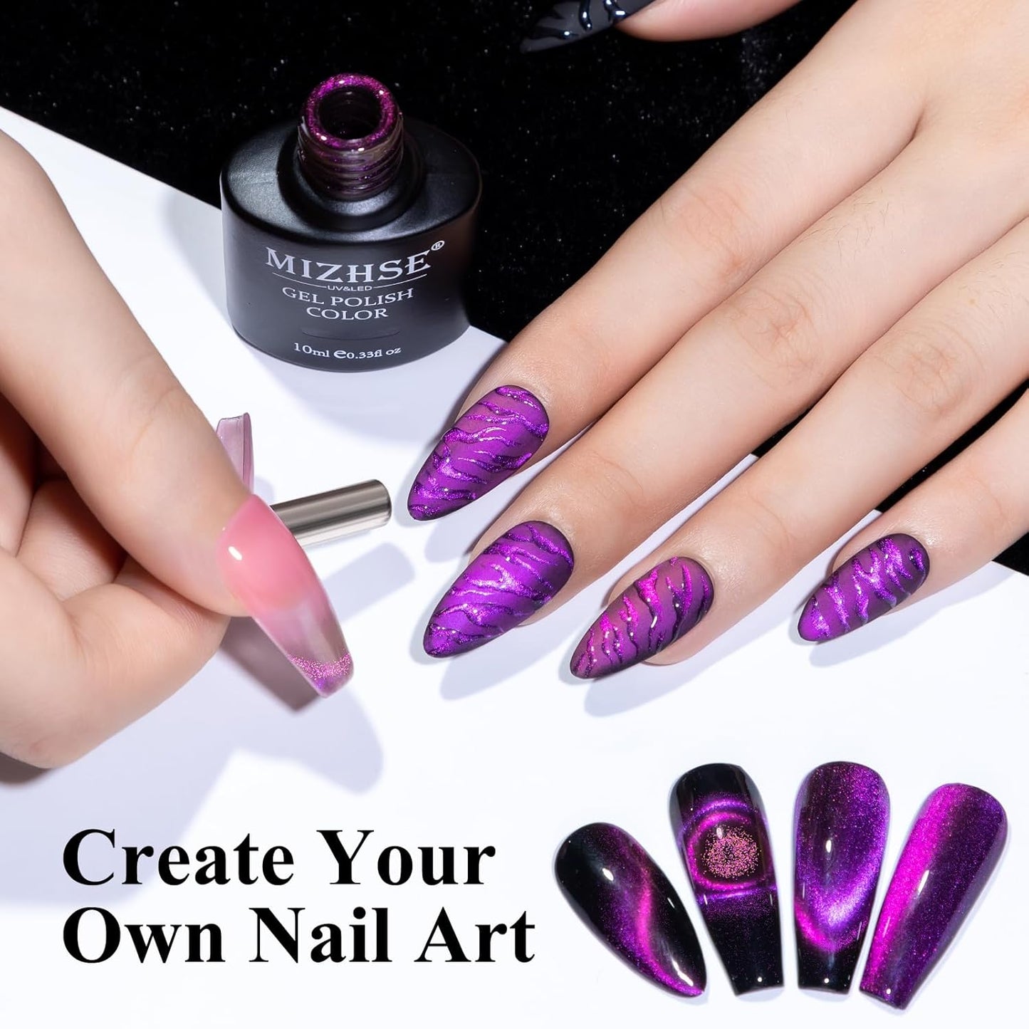 MIZHSE 9D Cat Eye Gel Nail Polish, Rose Red Magnetic Gel Polish with Magnet Stick, Magic Shimmer Galaxy Effect Holographic Glitter Silky Cat Eye Nail Polish Soak Off Nail Art Salon Manicure at Home