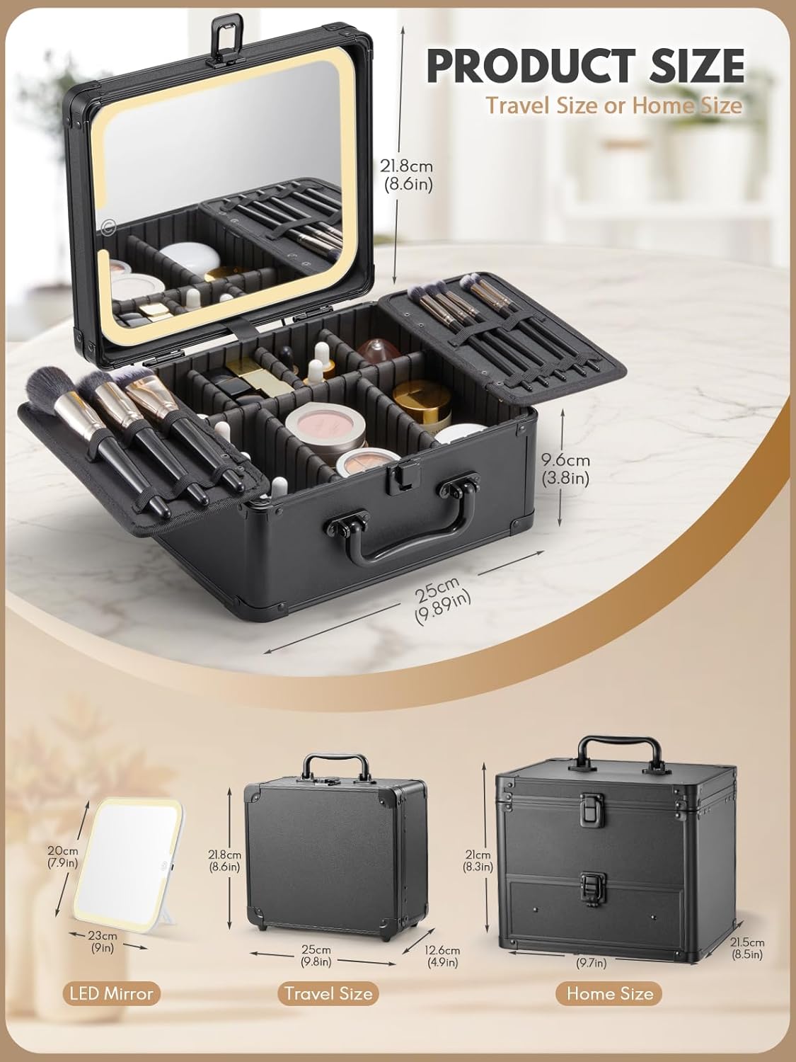 OMIRO Makeup Case, Makeup Bag with Light Up Mirror Set, Makeup Organizer Bag with Magnet Makeup Mirror for Women and Girls