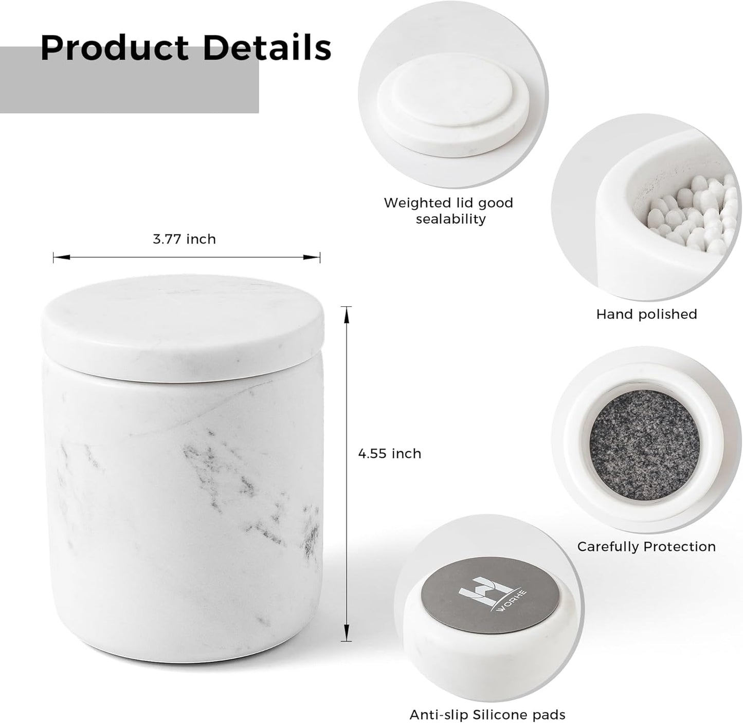 WORHE Marble Qtip Holder with Lid Natural Cotton Ball Container for Cotton Swabs,Makeup Sponges,Bath Salt Large Capacity Bathroom Canisters Jars for Countertop Storage and Organization White (WH051)