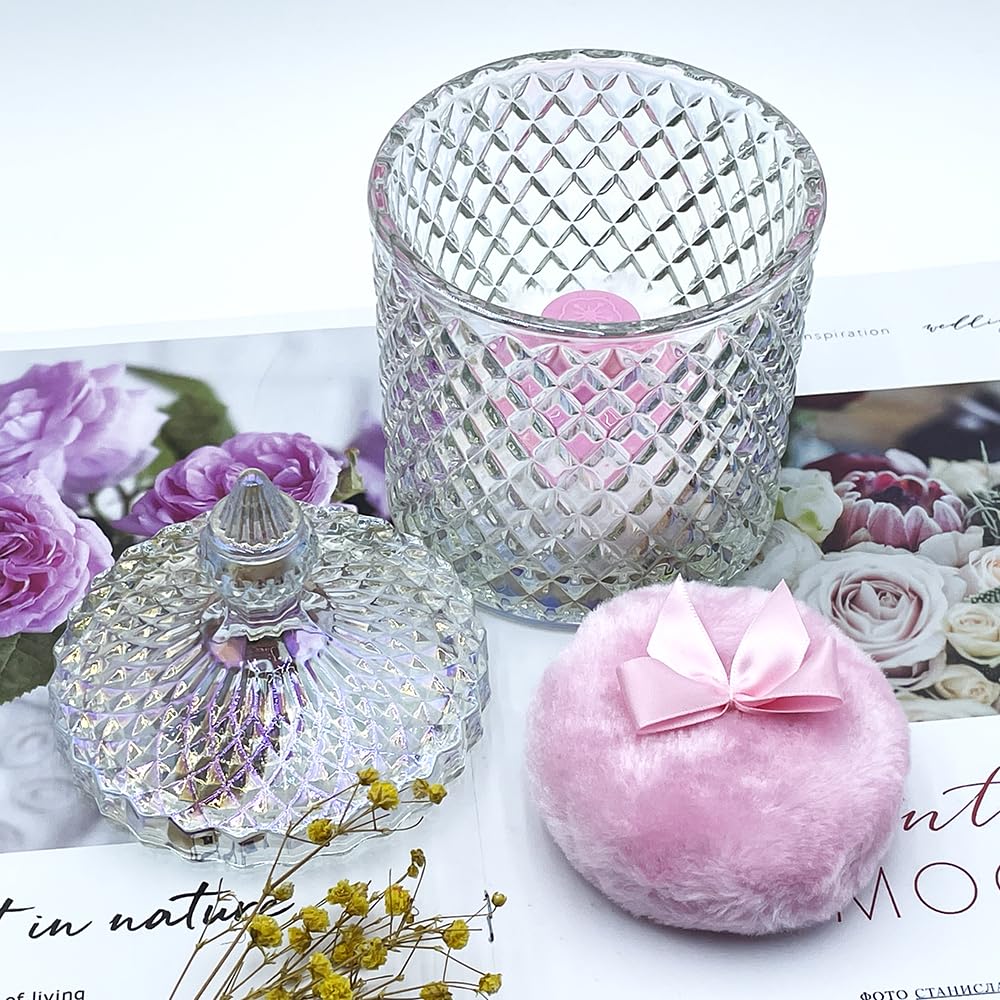 Luxury 4.2 Inch Glass Powder Container with 2 Plush Puffs｜Non-Sealed Organizer for Body Powder&Makeup｜Setting Powder Applicator w/Loose Powder Storage(Pointed Cylinder-Dazzling Colors-Large)