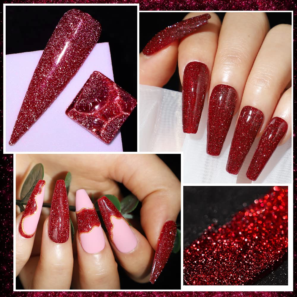 MIZHSE Diamond Gel Nail Polish, Reflective Glitter Red Gel Polish, Christmas Sparkly Shiny Nail Art Varnish Manicure Kit, Soak Off Nail Art for Beginners DIY at Home