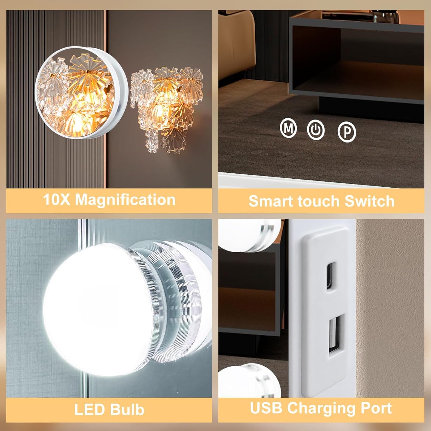 Hollywood Vanity Mirror with Lights, 12 Dimmable Bulbs, 3 Color Lights,Make Up Lighted Mirror, Aluminum Metal Frame, USB Charging Port（14" x 18"）