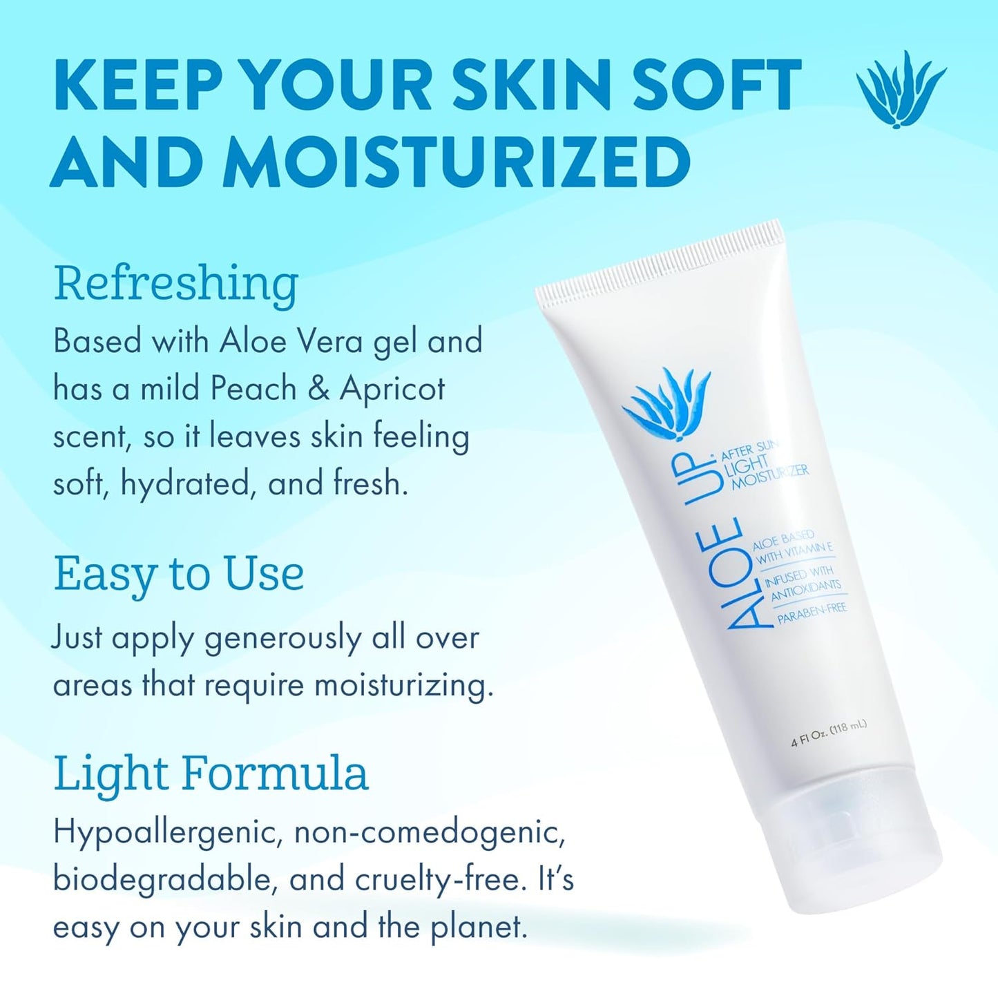 ALOE UP Spa Collection After Sun Light Moisturizer - Organic Hydrating After Sun Lotion With Aloe Vera Gel and Vitamin E - Reef Friendly - Mineral Oil Free - Peach-Apricot Fragrance - 4 Oz