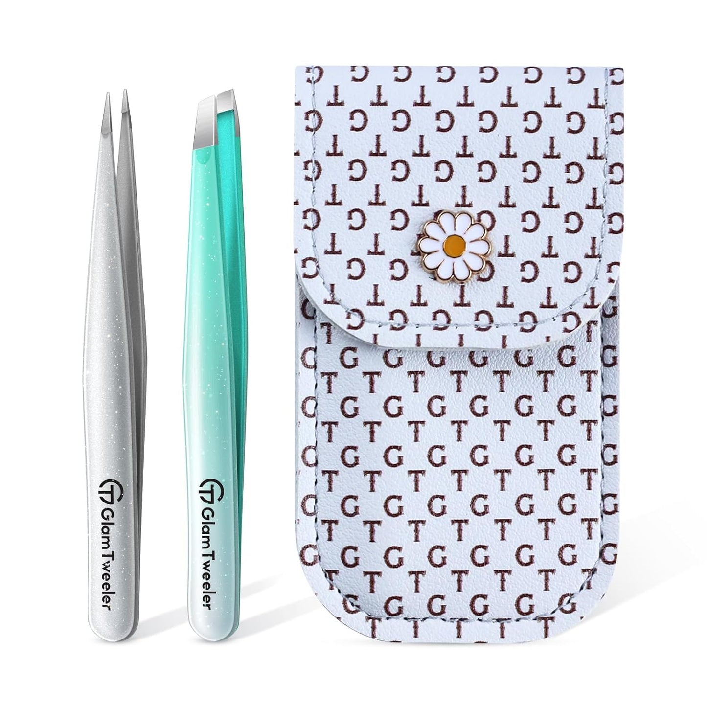 Expert Slant and Point Tip Tweezer Set with Exclusive Storage & Carrying Case, GlamTweeler Sharp & Precision Tweezer Set for Eyebrows, Facial Hairs & Fine Hairs Removal (Sparkle Mint Green + Silver)