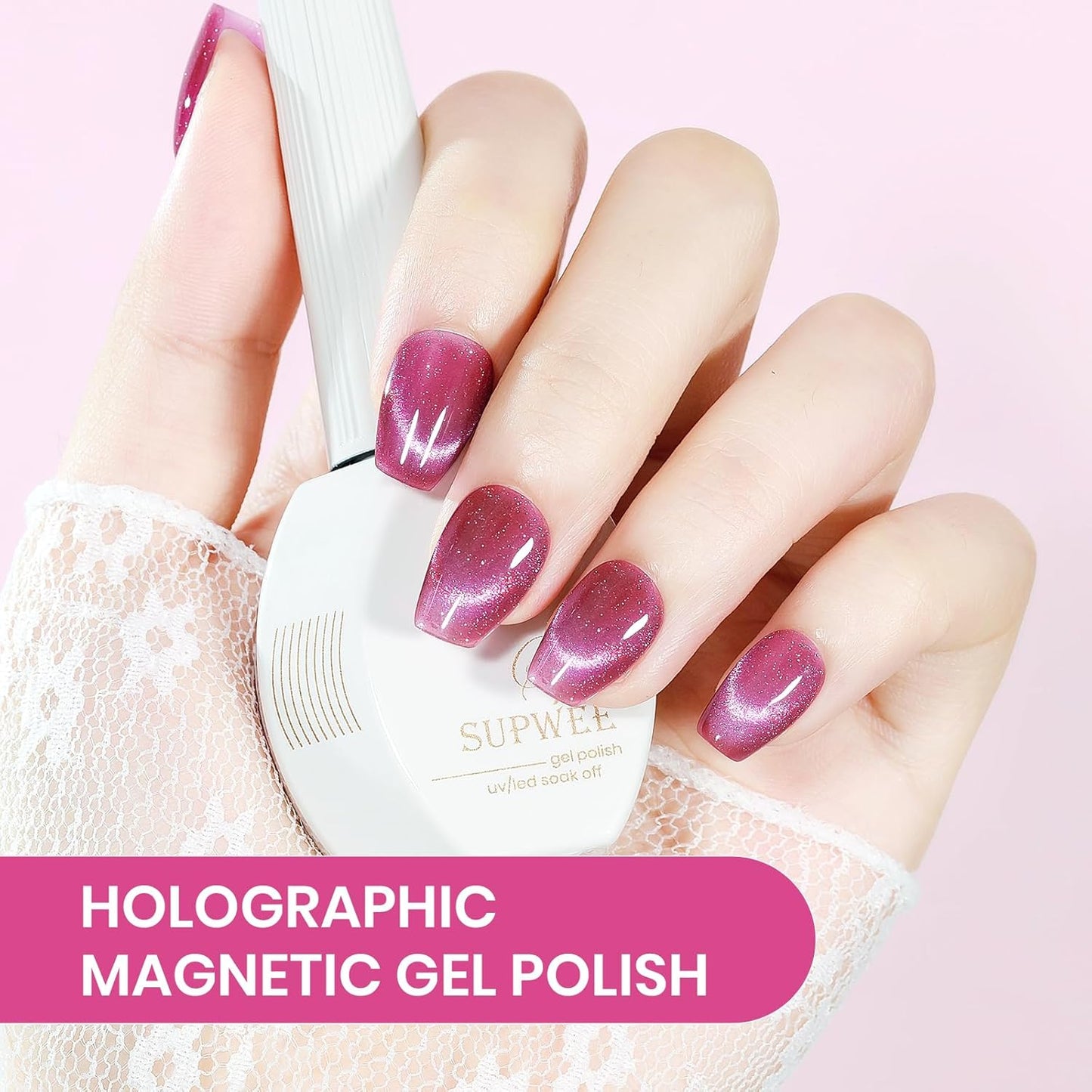 Cat Eye Gel Nail Polish Pink, 15ML Glitter CatEye Gel Polish Magnetic Crystal Reflective Effect with Magnet Soak Off Salon DIY at Home