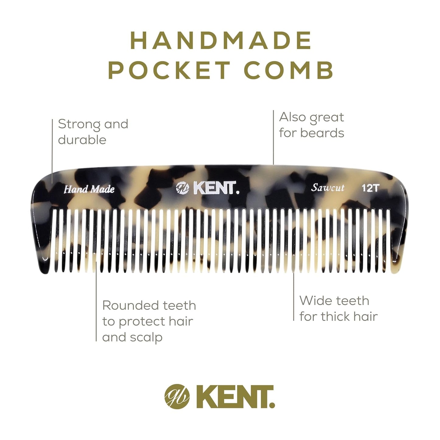 Kent 12T TW Pocket Comb - Handmade Wide Tooth Hair Comb for Men, Women, and Kids - Travel, Beard, and Mustache Comb - Saw Cut and Hand Polished Made in England