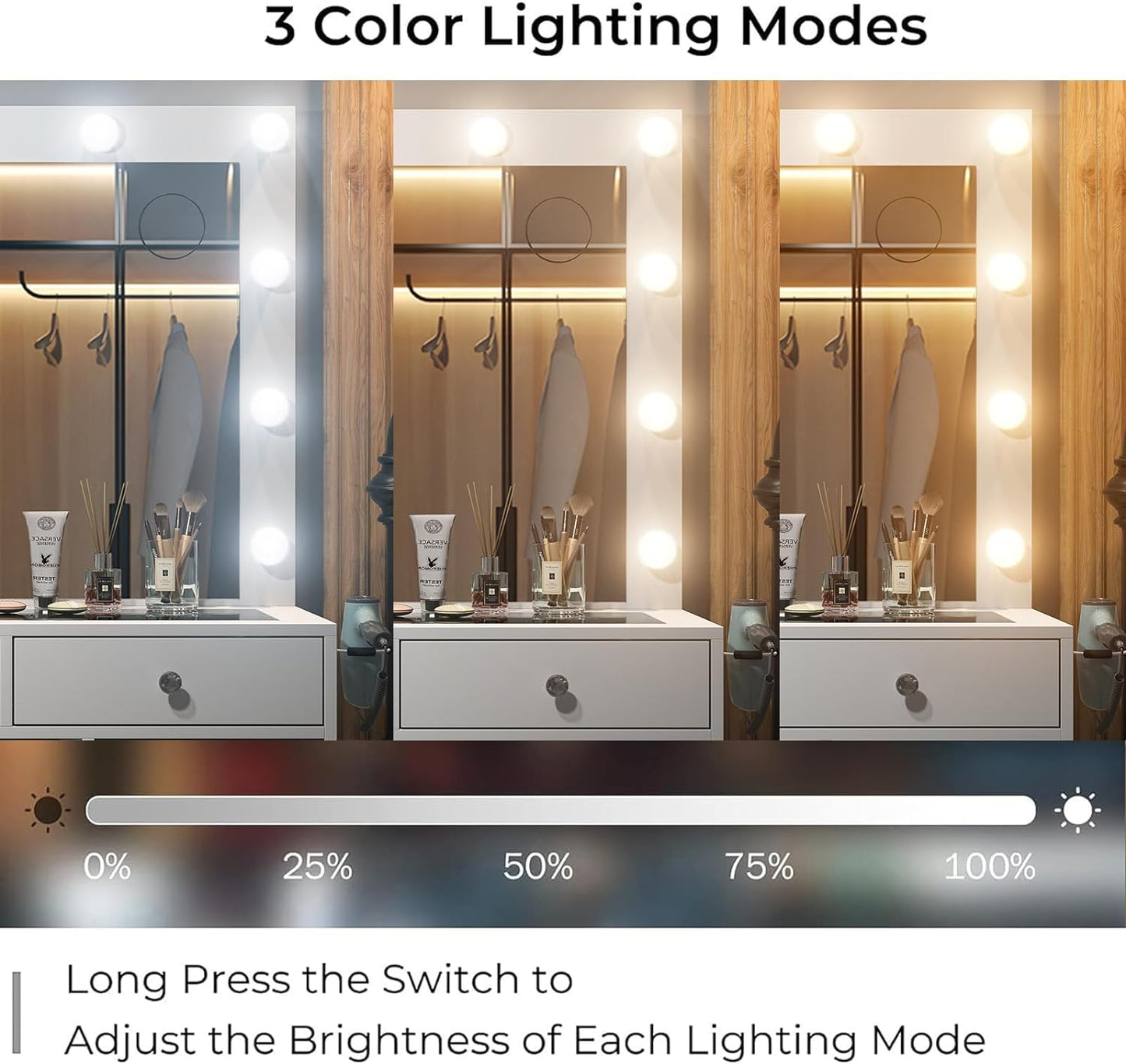 Vanity Desk & Power Outl, Makeup Vanity with Mirror and 12 LED Lights, Makeup Table with 11 Drawers, Vanity Table with Chair,Set 3 Lighting Modes Brightness Adjustable-(White)