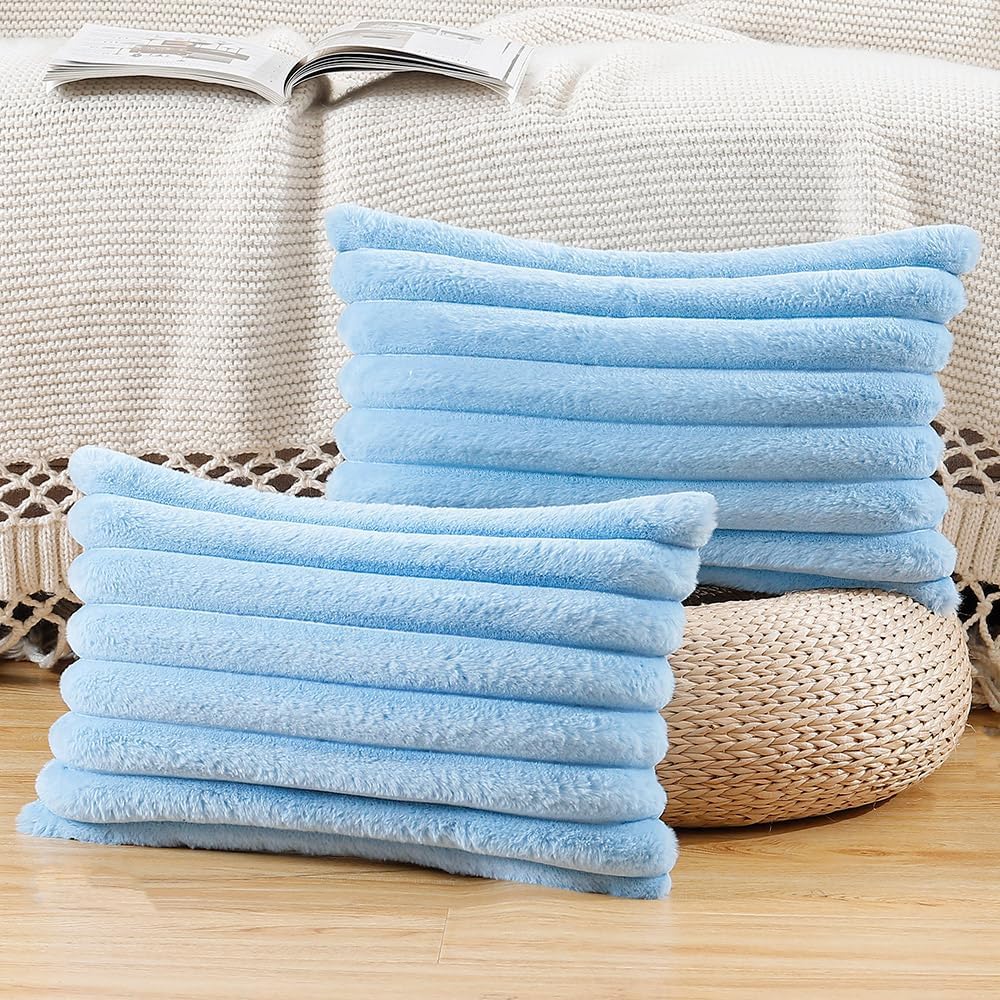 MADIZZ Set of 2 Faux Wool Plush Decorative Throw Pillow Covers 12x20 Inch Light Blue Fluffy Striped Soft Decorative Cushion Cover for Sofa Bedroom Pillow Shell