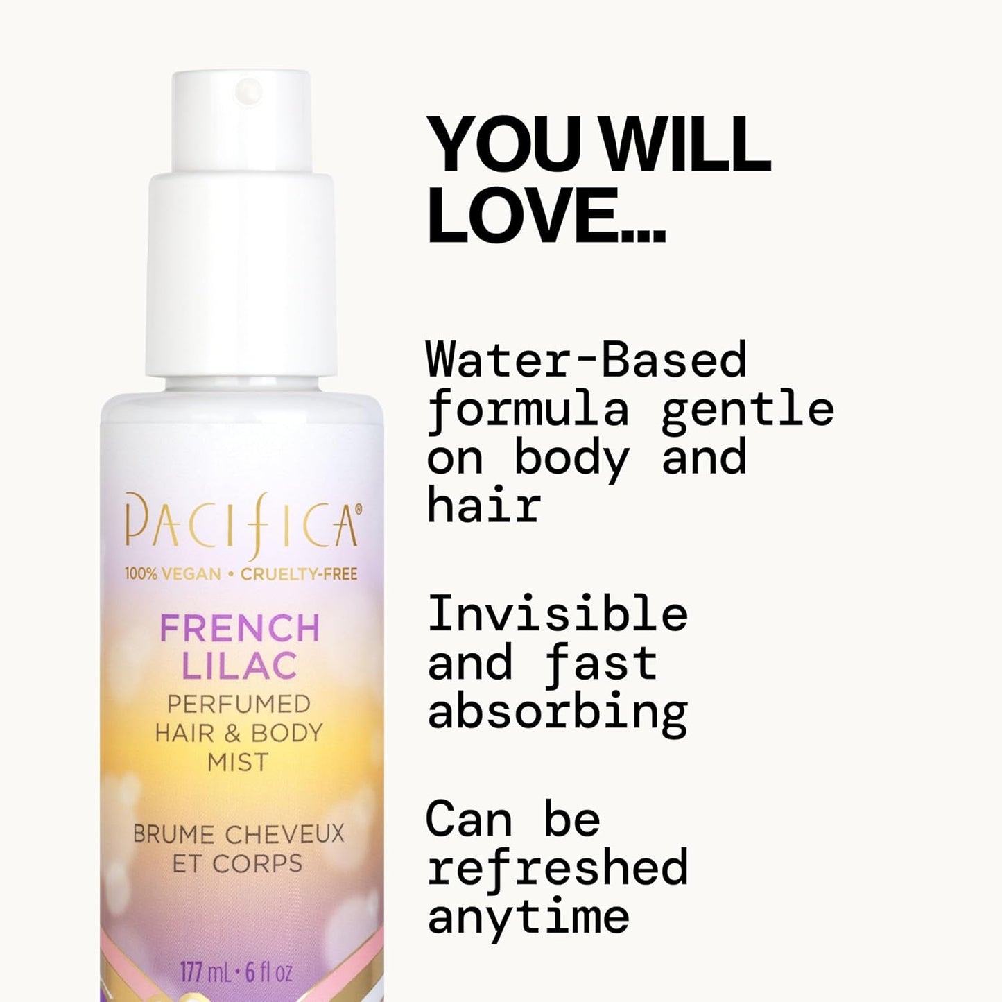 Pacifica French Lilac Perfumed Hair & Body Mist, Alcohol-Free Spray Designed For Head-To-Toe Wear, Vegan & Cruelty-Free, 6 Fl Oz