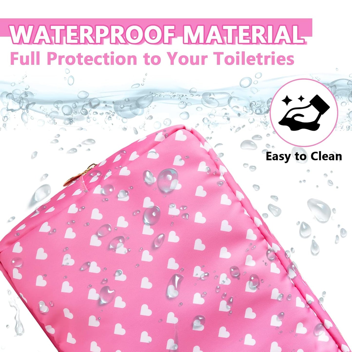 Large Makeup Bag Pouch, Nylon Women Travel Toiletry Storage Bag Preppy Cosmetic Bag for Girls, Big Makeup Organizer Bag Cute Zipper Pouch Skincare Bag for Sport School Work Gift(Large-Pink Heart)