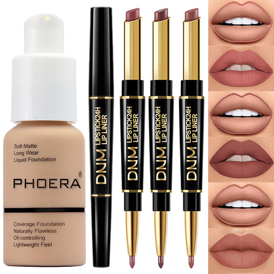 PHOERA Foundation Full Coverage,3Pcs Lip Liner and Lipstick Set Chestnut Nude Brown for Matte Finish,PHOERA Makeup Wrinkles Matte Natural Finish for a Flawless Complexion(104-Buff Beige+Lip SetA)