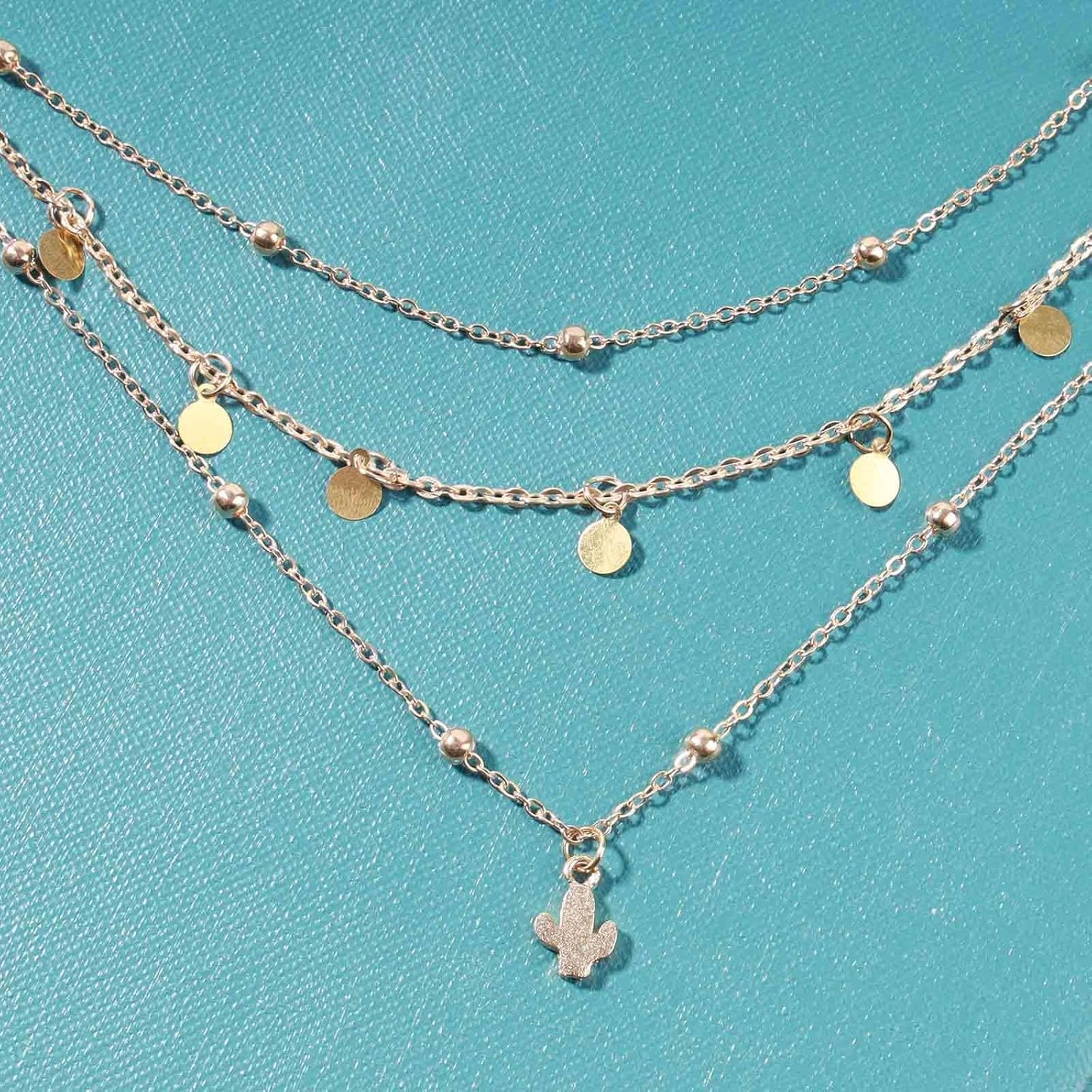 Boho Layered Disc Coin Necklace Choker Gold Cactus Pendant Necklace Stacking Satellite Chain Necklace Vintage Multilayer Necklace Chain Jewelry for Women and Girls Gifts