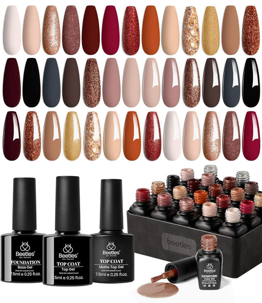 Beetles Gel Nail Polish Kit, 23Pcs Fall Nude Pink Brown Burgundy Red Gel Polish Set with Base Top Coat Verse of Roses Kit, Soak off Uv Gel Golden Glitter Holiday Nail for Women