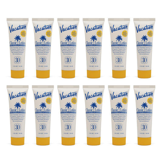 Vacation Mini Classic Sunscreen SPF 30, Water-Resistant, Bulk Suntan Lotion, Bachelorette Party Favors, Beach Must Haves, Traveling Essentials, Travel Size, 1 Fl. Oz. (Value Pack of 12)
