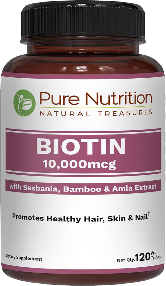 Pure Nutrition Biotin 10000mcg with Sesbania, Bamboo & Amla Extract | 120 Tabs | Natural Biotin 10000mcg Supplement | Non GMO | Gluten Free