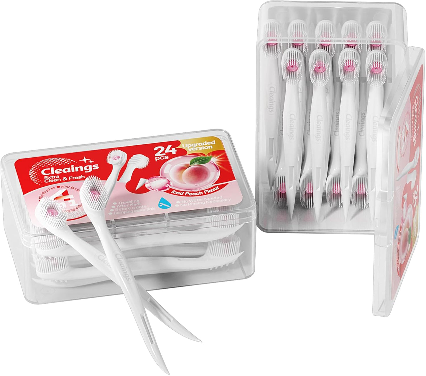 cleaings® Mini Disposable Toothbrush Set with Toothpaste – Travel Essentials, Portable Toothbrush for Women & Men, Camping, Road Trip, Vacation, 24 Count-Ice Peach Flavor（Pack of 1）