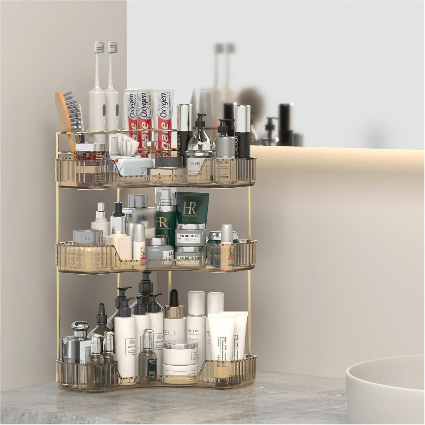 Corner Bathroom Counter Organizer with Top Toothbrush Holders, 3-Tier Make Up Organizers for Vanity with Brush Holder, Corner Storage for Bathroom, Kitchen, Dresser