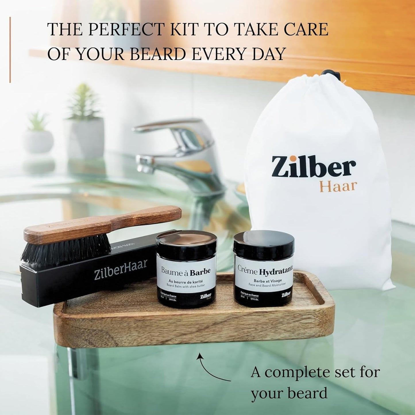 ZilberHaar - Beard Care Kit for Men - 1 Regular Beard Brush + 1 Beard Balm + 1 Moisturizing Cream + 1 Beard Bib - Stiff Boar Bristles and Beech Wood - Supplied in a Velvet Bag