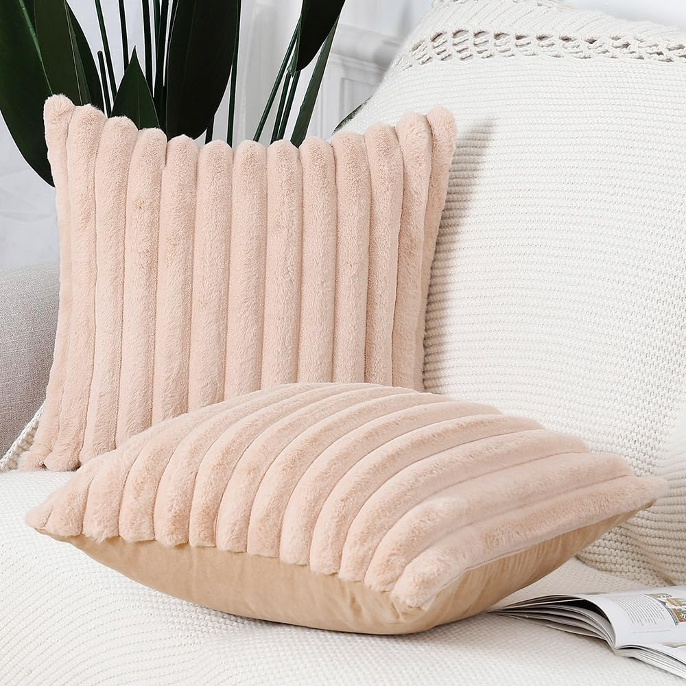 MADIZZ Set of 2 Faux Wool Plush Decorative Throw Pillow Covers 20x20 Inch Light Brown Fluffy Striped Soft Decorative Cushion Cover for Sofa Bedroom Pillow Shell