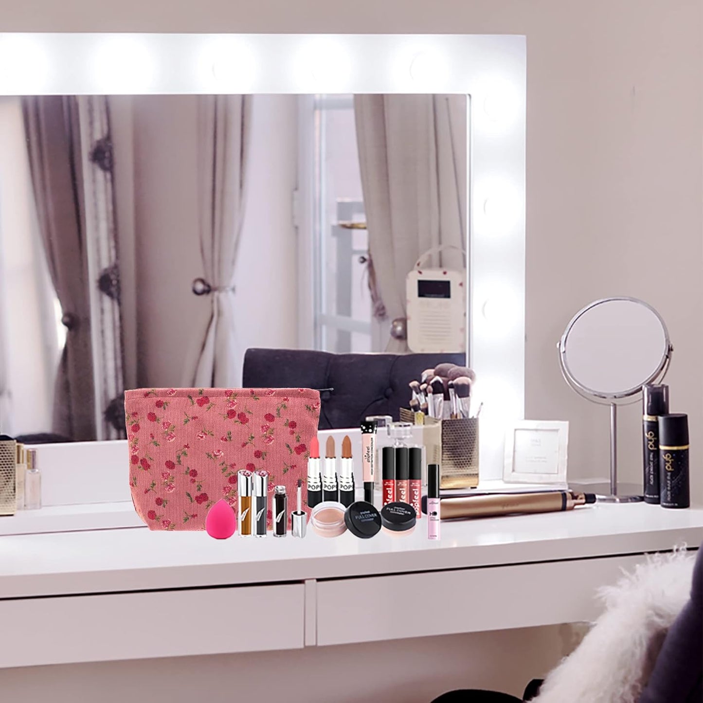 PAZIMIIK Makeup Bag Large Zipper Corduroy Make Up Pouch for Purse Travel Canvas Cosmetic Organizer for Women Brush Storage,Vintage Rose Red