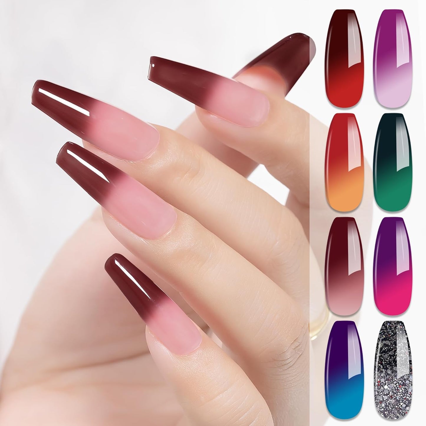 YTD Likomey Color Changing Gel Nail Polish Set,8 Colors Mood Temperature Change Colors Red Pink Green Blue Yellow Black Glitter Fall Winter UV Color Thermal Ombre Varnish Kit,7.5 ml 0.25 Fl Oz