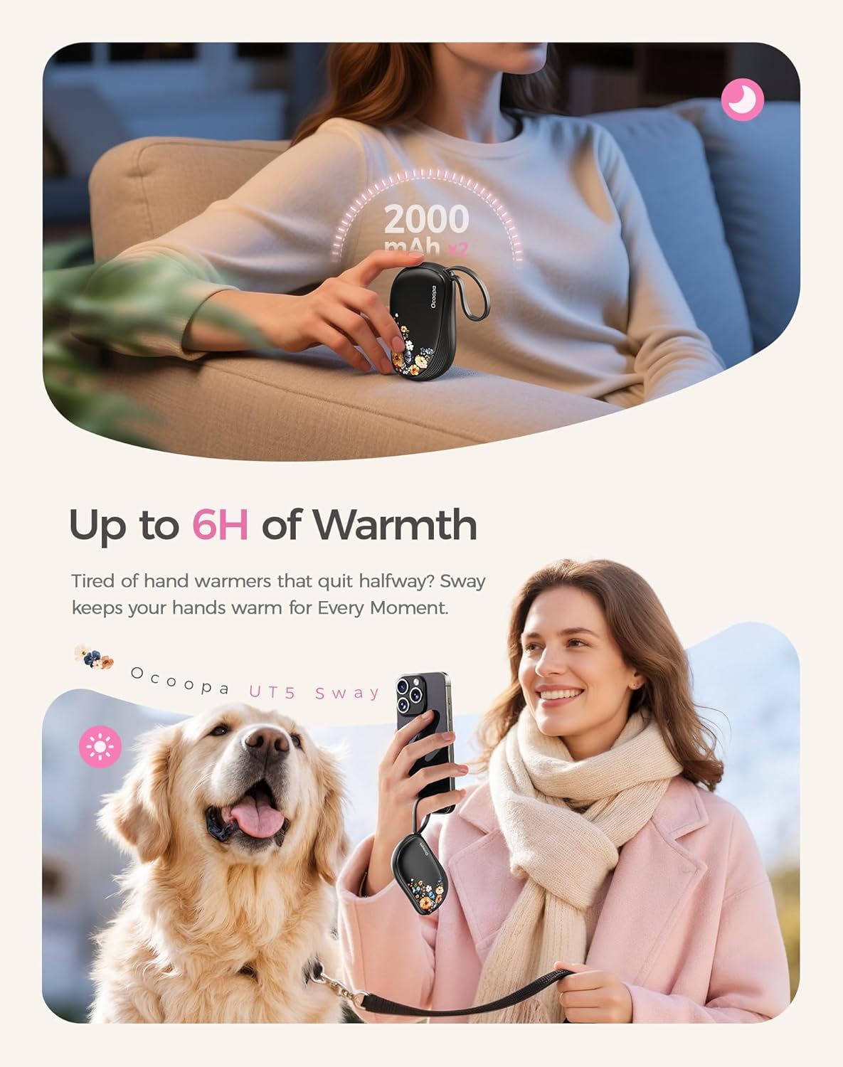 OCOOPA Hand Warmers Rechargeable 2 Pack, Ultra Slim Electric Hand Warmers, Portable Pocket Heater, Comb-Inspired, Fits in Gloves,UL Certified, Winter Essentials,UT5 Sway