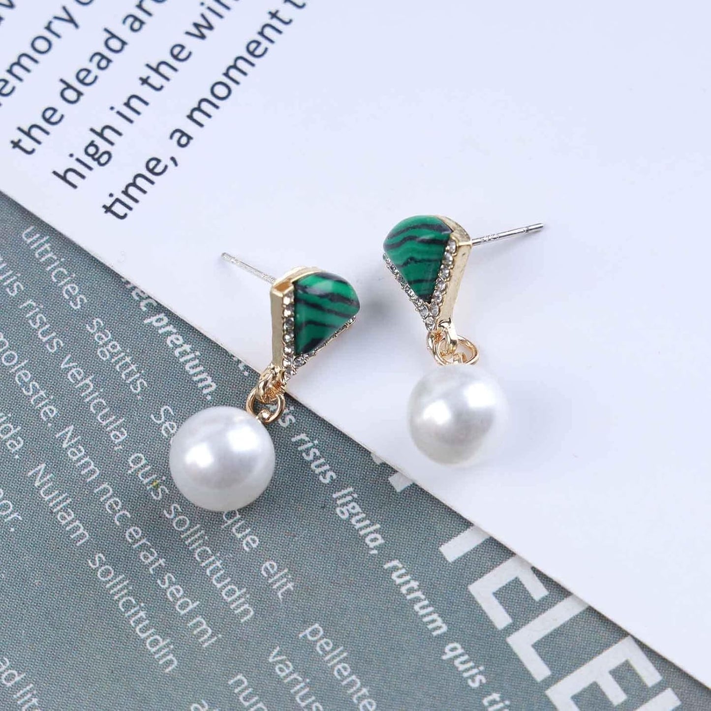 Vintage Cz Emerald Pearl Earrings Gold Pearl Drop Earrings Triangle Emerald Earrings Geometric Emerald Stud Earrings Jewelry for Women and Girls