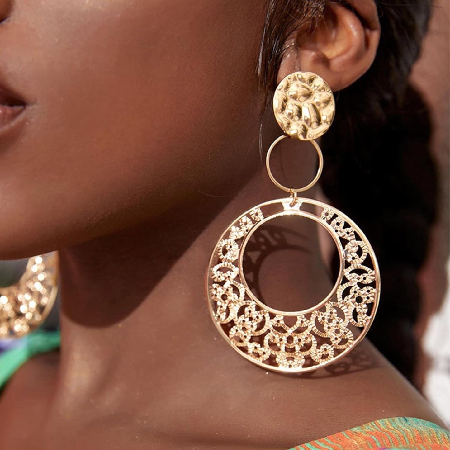 Boho Large Filigree Disc Dangle Earrings Stud Vintage Tribal Ethnic Hollow Carved Earrings Gold Geometric Floral Hoop Drop Earrings Statement Wedding Prom Earrings Jewelry for Women Girls