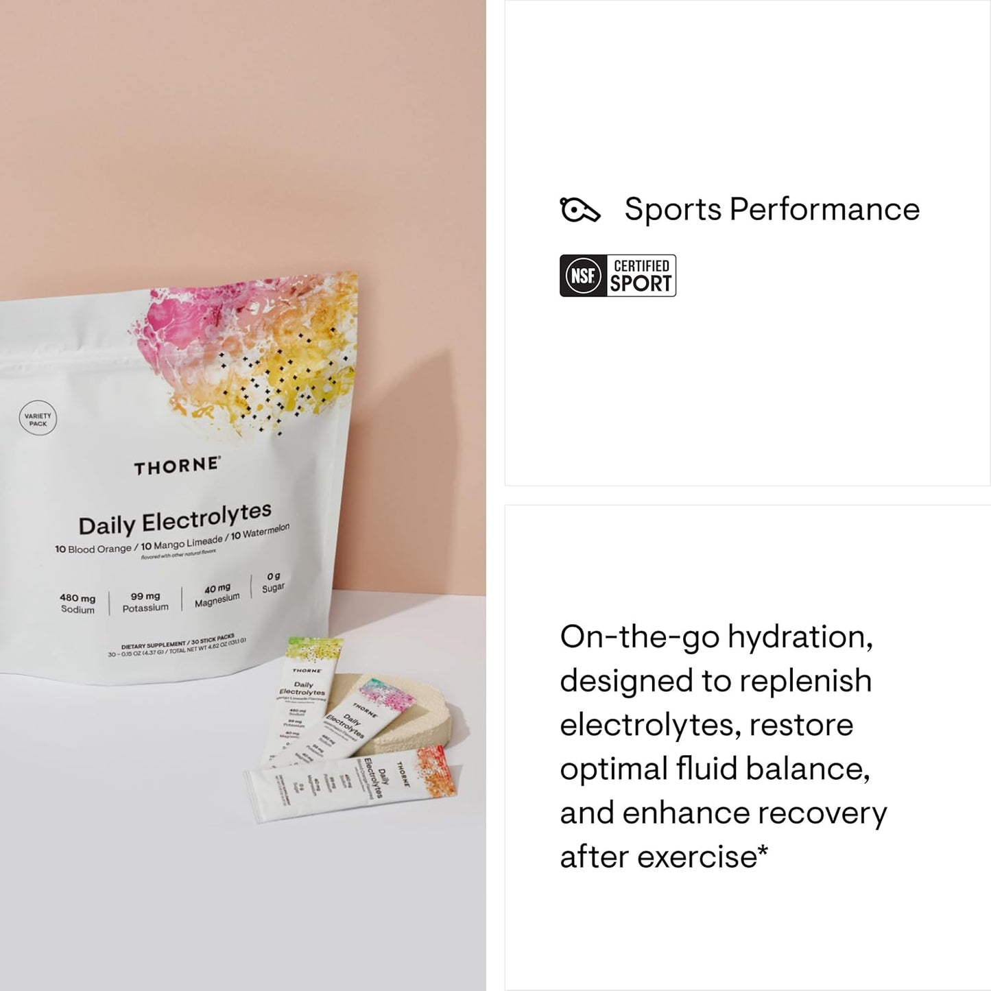 THORNE - Daily Electrolytes - Zero Sugar & Low-Calorie Electrolyte Drink Mix - Naturally Flavored & Sweetened - NSF Certified for Sport - Variety - 30 Stick Packs