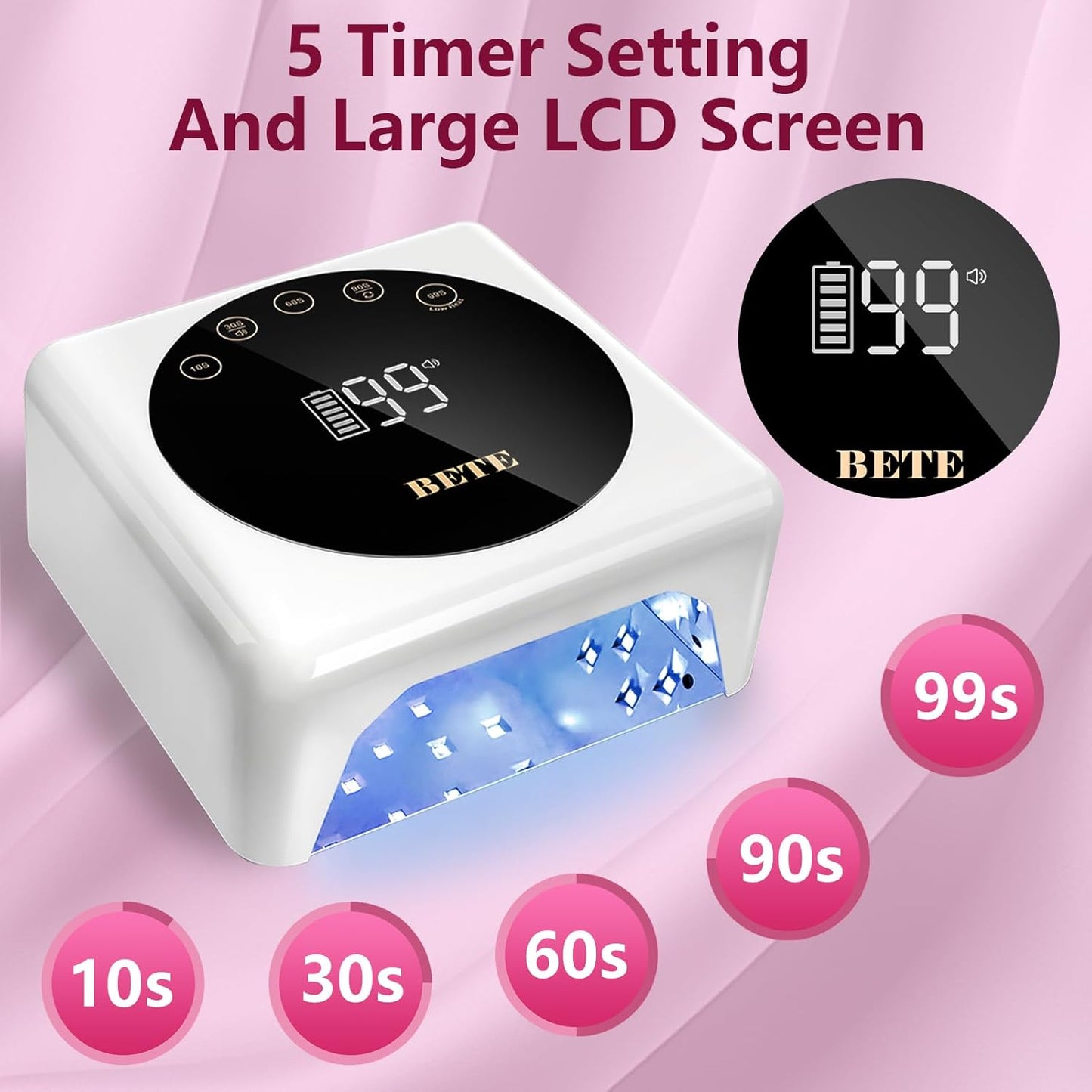 BETE Cordless LED Nail Lamp, 78W Rechargeable UV Nail Light, Intelligent Infrared Sensor and LCD Display Curing Nail Lamp, Portable Nail Dryer Gel Polish Light with 5 Timer Setting White