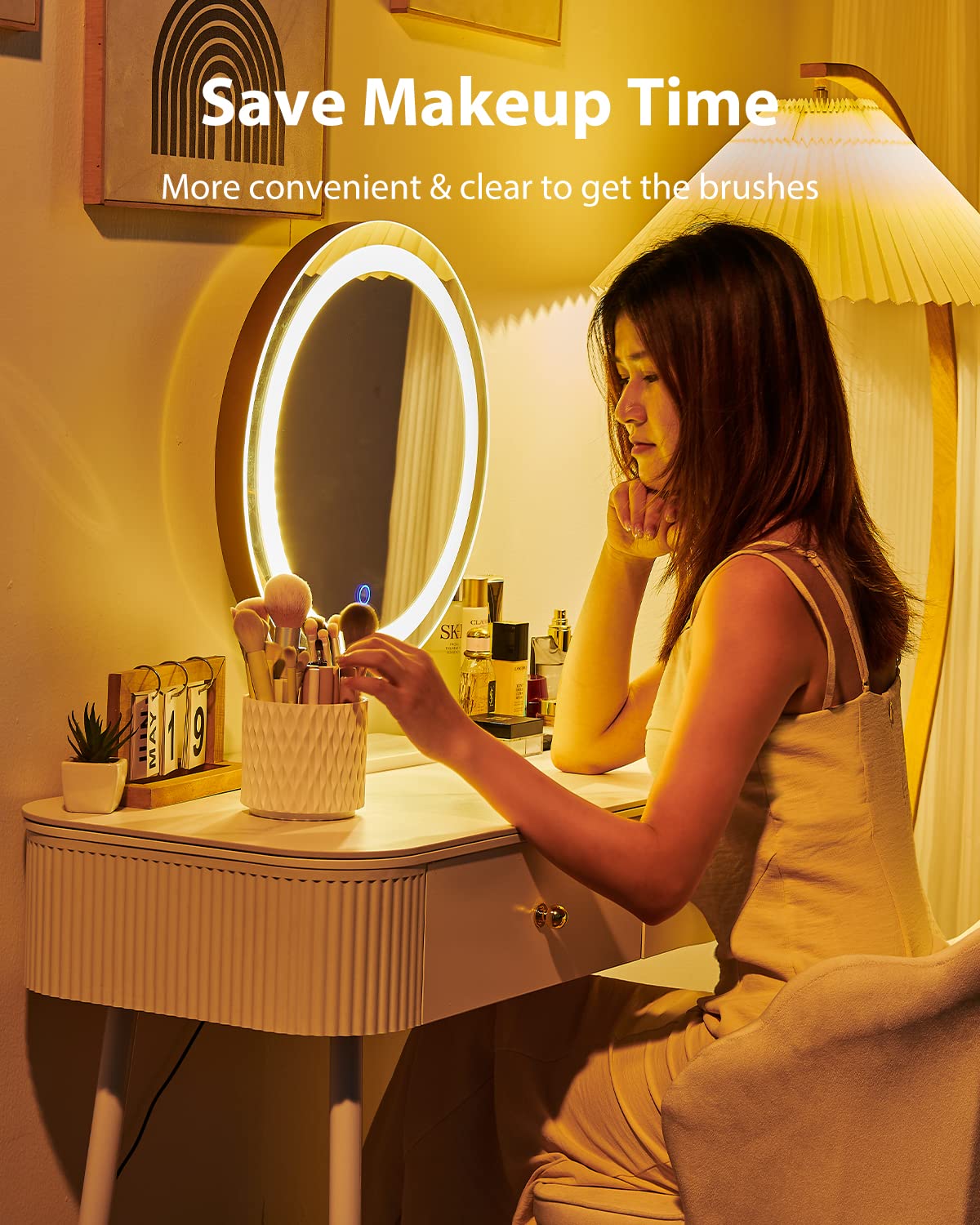 Makeup Brush Holder [Upgrade] [Dustproof & Waterproof] 360 Rotating Cosmetics Make up Brush Organizer Storage with Lid for Vanity