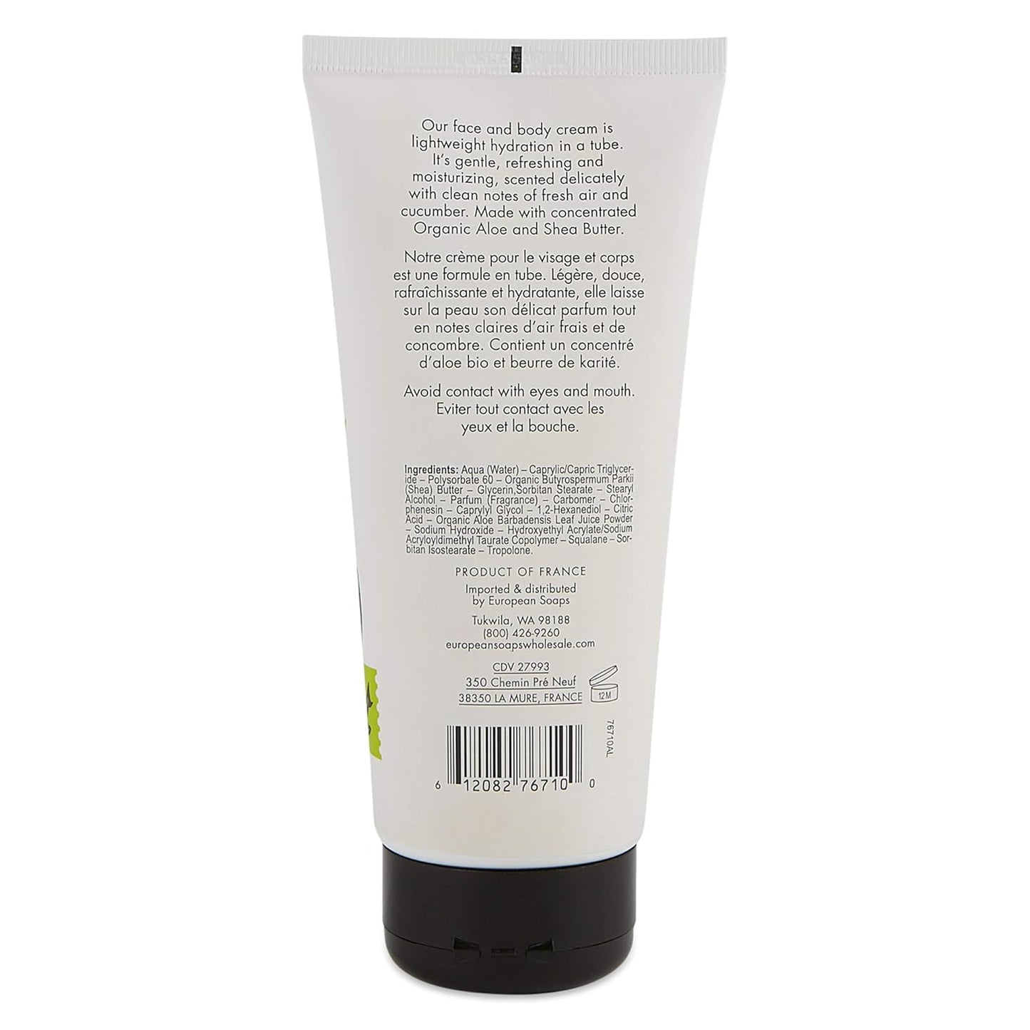 Organic Aloe Collection Hydrating Face and Body Cream (6.7oz), Fresh Cucumber Scent