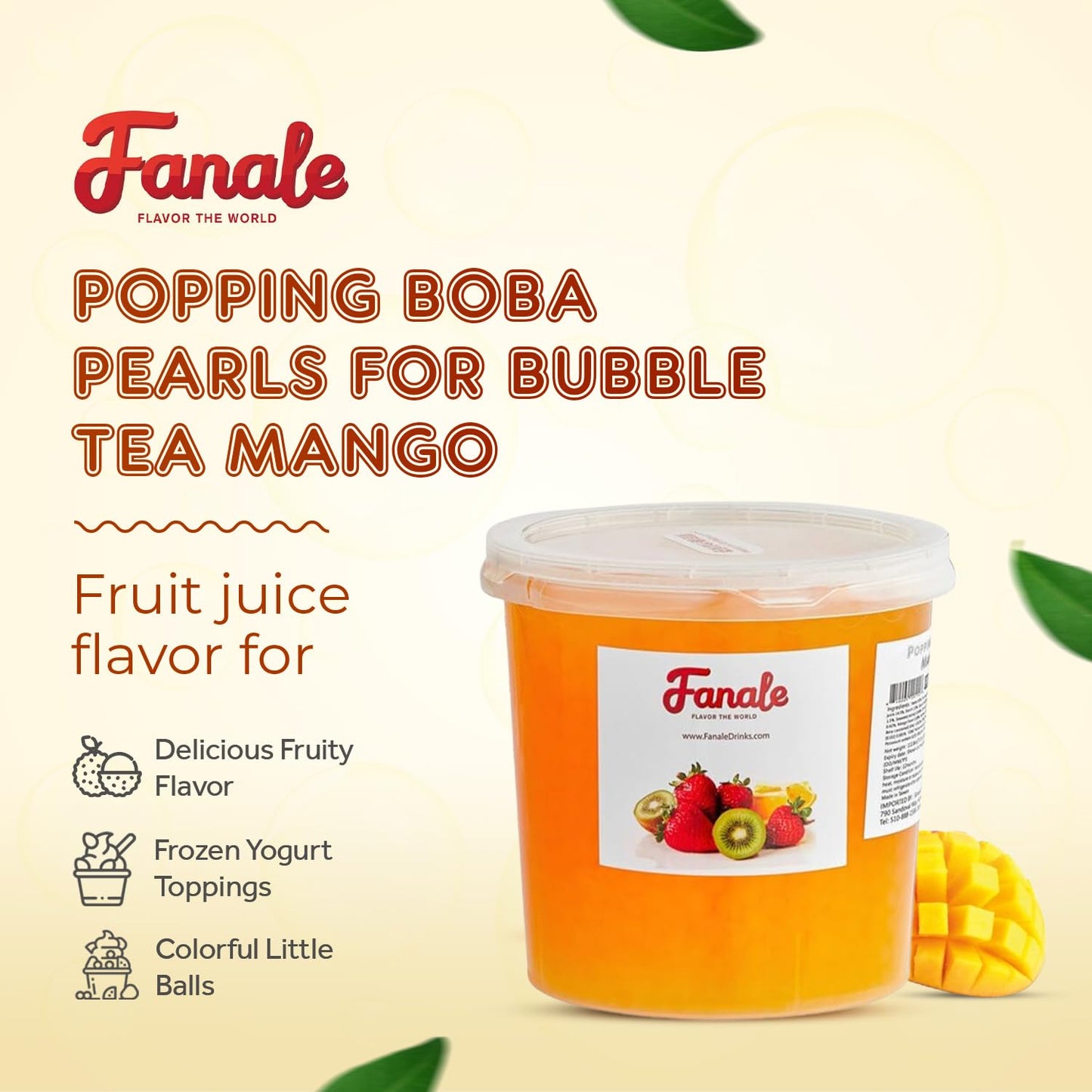 Fanale Mango Popping Boba Pearls, Vegan, Non GMO, Gluten Free, Fat Free, Perfect for Bubble Tea, Smoothies, Ice Cream, Desserts, and Beverages.