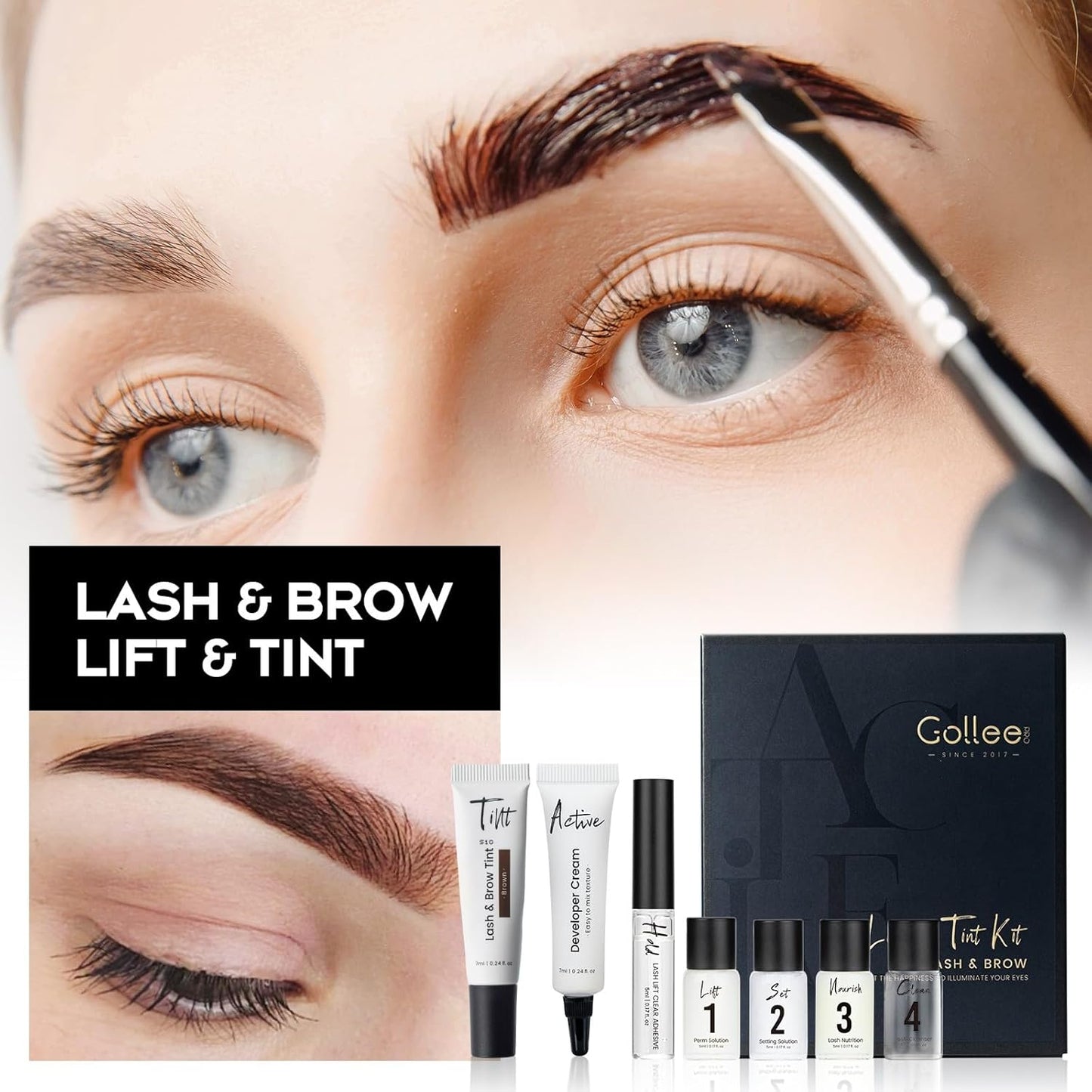 Lash Lift Kit 4 in 1 Brow Lamination Kit, Professional Eyelash Perm Kit for Beginner Salon Quality at Home with Long-Lasting Natural Brown Color