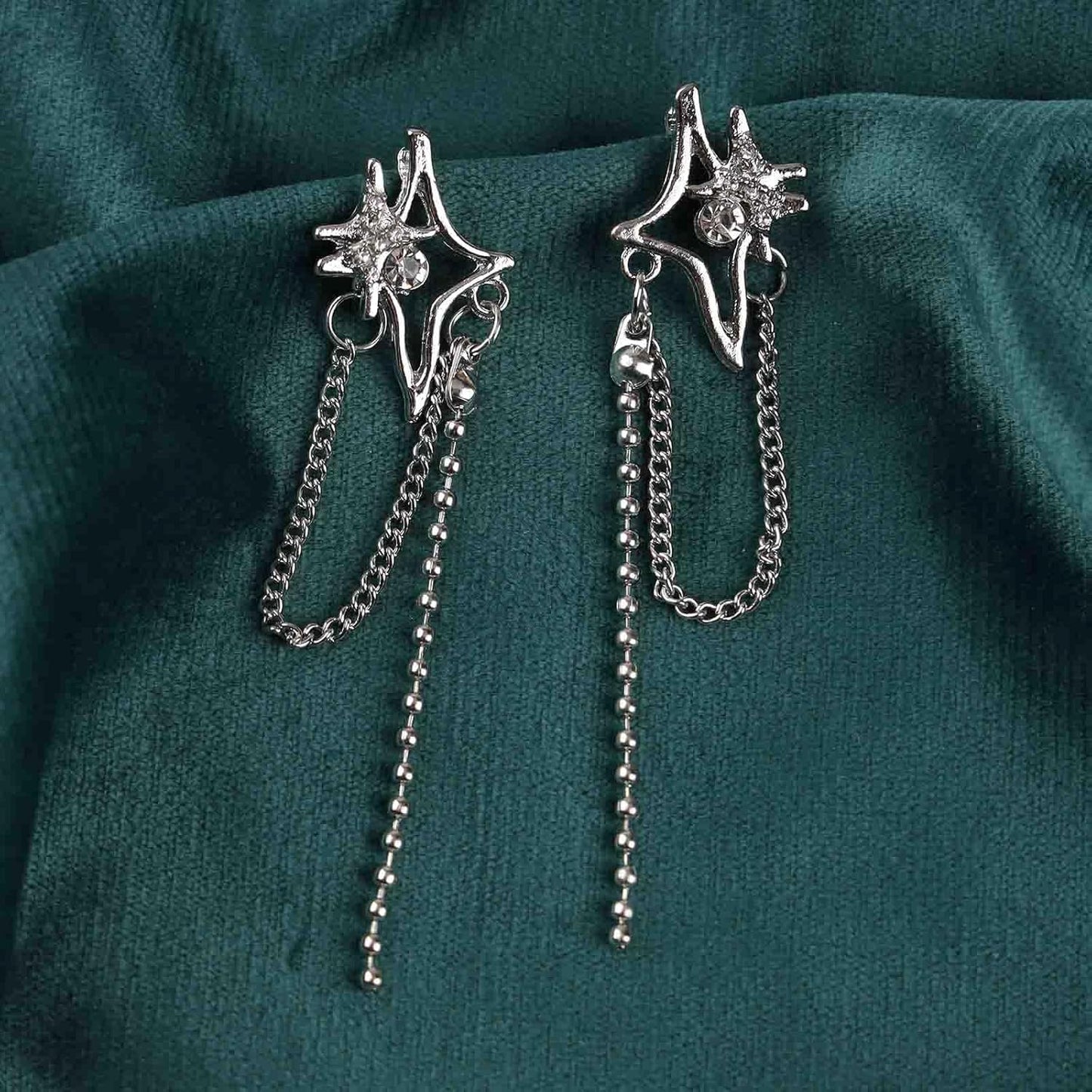 Vintage Crystal Northstar+Chain Drop Earrings Silver Tassel Chain Earrings Rhinestone Northstar Stud Earrings Long Beaded Chain Tassel Earrings Jewelry for Women