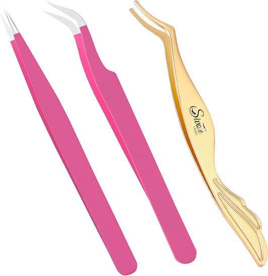 SIVOTE Lash Tweezers & Applicator Tool Set, 2-Pack Precision Tweezers (Straight & Curved Tip, Pink) with Gold Eyelash Applicator Tool for Extensions & False Lash Application