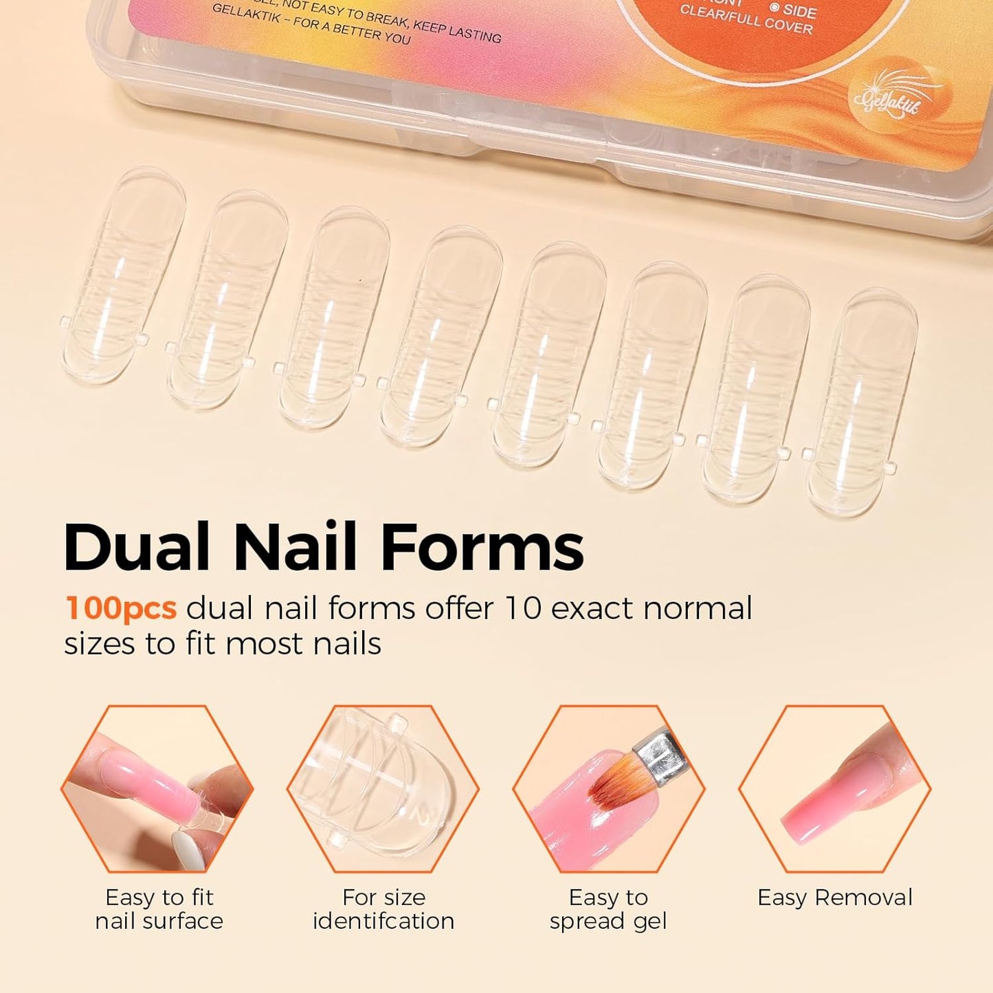 100Pcs Nail Forms Kit, 10 Sizes Reusable Dual nail Forms for Poly Gel & Builder Gel, 120ml Slip Solution Liquid, 6 Clips, Dual-Ended Brush, Nail Art Cup, DIY Pedicure Kit for Beginners