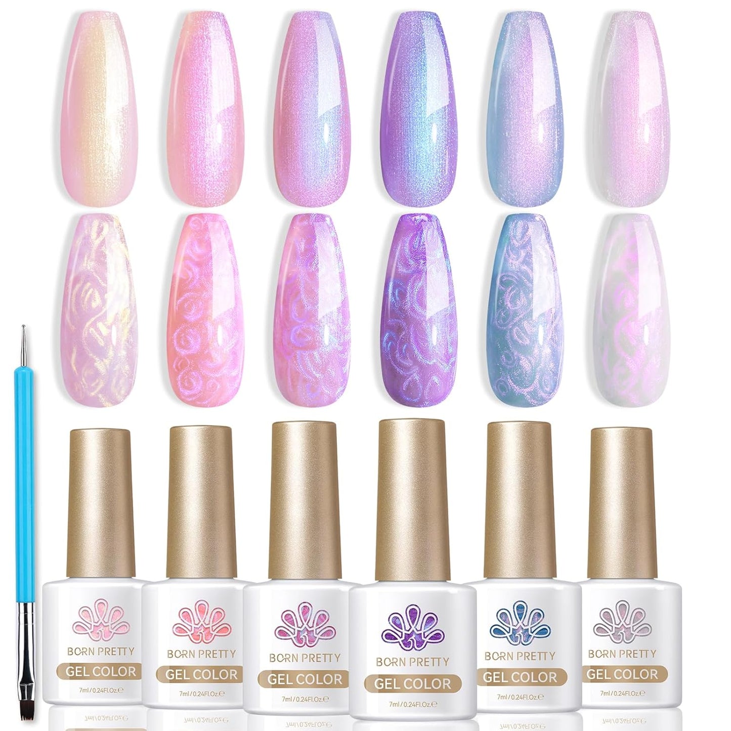 Born Pretty Pearl Gel Nail Polish, 6 Colors Pearl Pink White Purple Shimmer Mermaid Gel Polish Nail Drawing Glitter Polish Soak Off Led Swirl Shell Thread Effect DIY Manicure Gift for Women