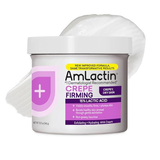 AmLactin Crepe Firming Cream - 12 oz Body Cream with 15% Lactic Acid - Exfoliator and Moisturizer for Crepey, Dry Skin (Packaging May Vary)