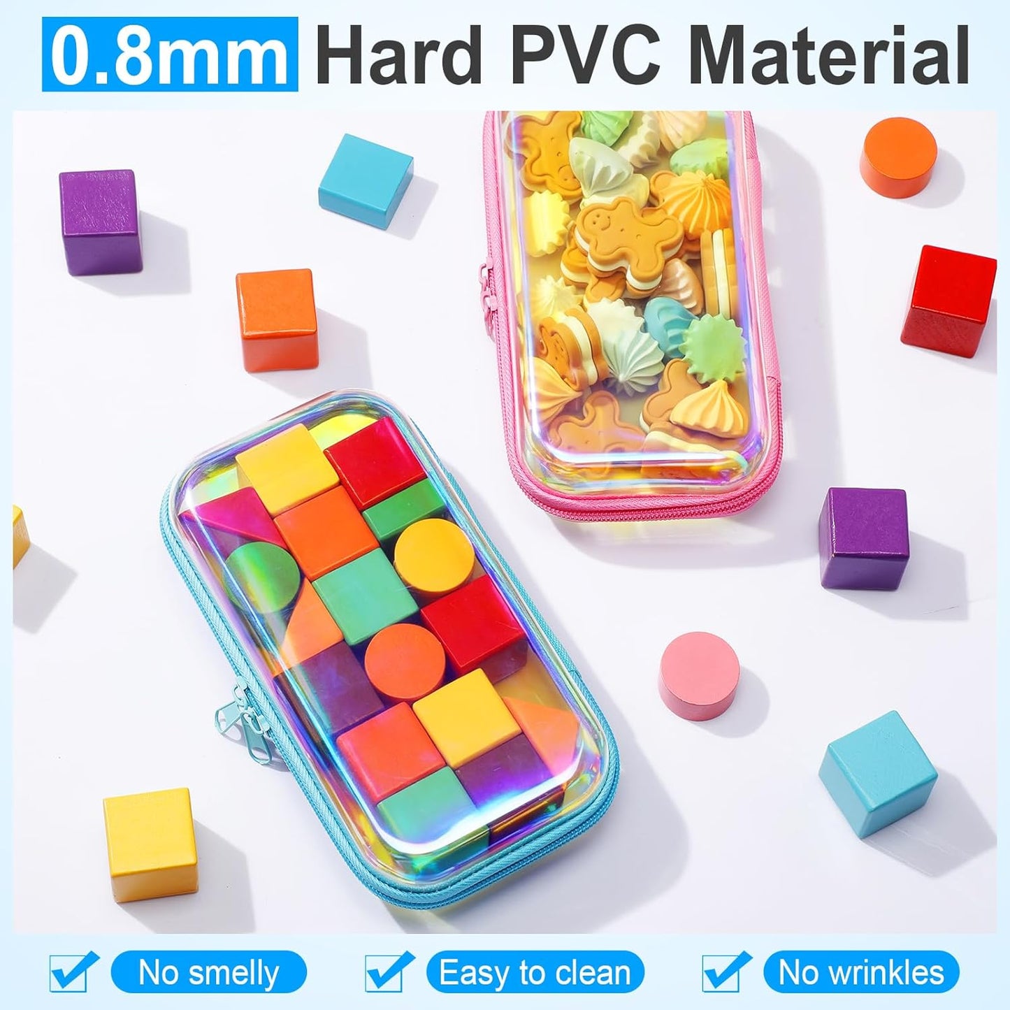 Sanwuta 6 Pcs Clear Hard Zipper Case Pencil Pouches Hard Plastic Zipper Pouches Makeup Bag Transparent Cases for Snacks Plastic Storage Organizer Box for Travel(Holographic,7.48 x 3.94 x 2 Inch)