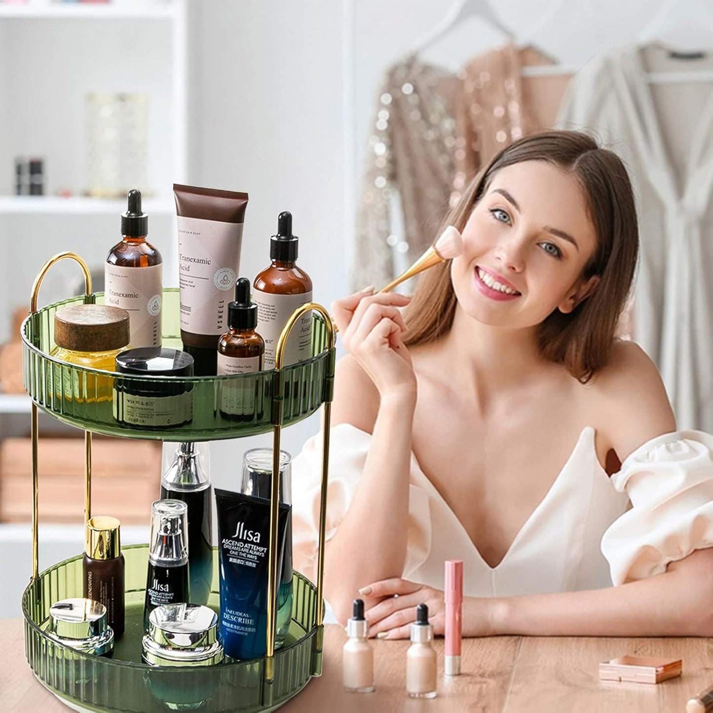 Rotating Makeup Organizer for Vanity, High-Capacity Skincare Clear Make Up Storage Perfume Organizers Cosmetic Dresser Organizer Countertop 360 Spinning (Purple, 3 Tier)