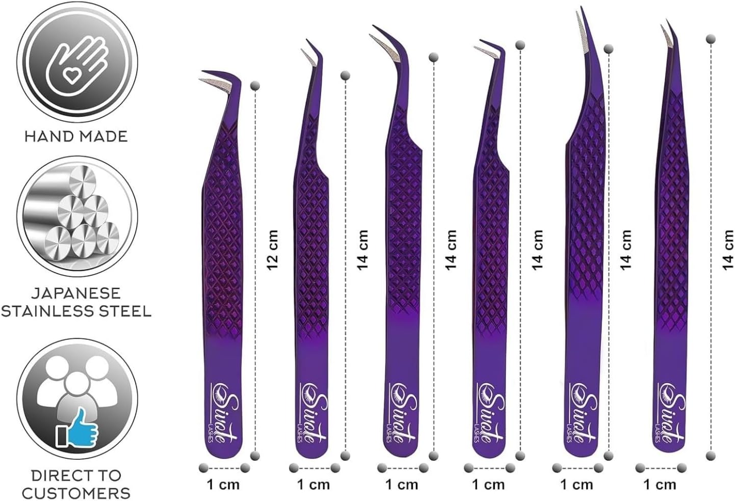 SIVOTE Eyelash Extension Tweezers Fiber Tips, Set of 6, Curved, Dolphin, 90 Degree 45 Degree, Volume Boot & Slight Curved Tweezer, Purple