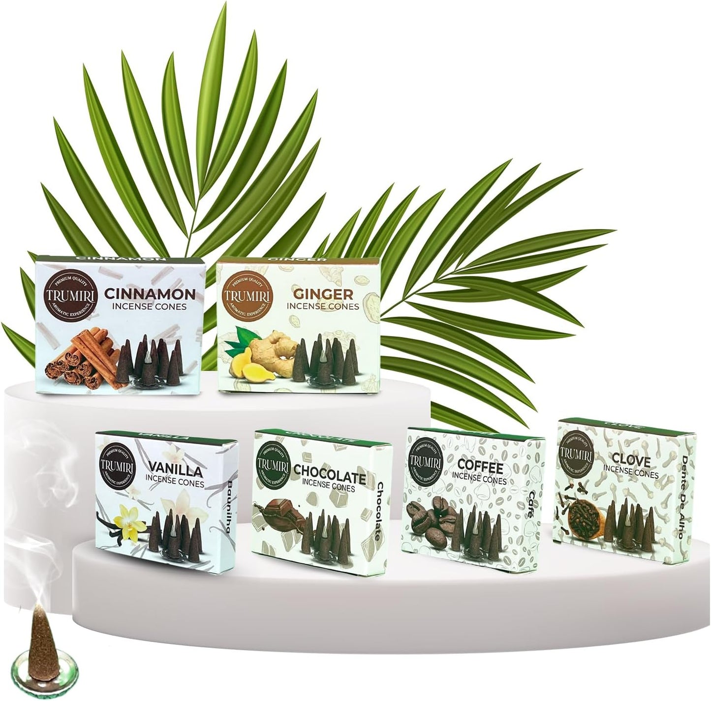 TRUMIRI Gourmet Incense Cones - Variety Pack - Total 60 Cone Incense (6 Scents x 10 Conos) - Vanilla, Cinnamon, Coffee, Chocolate, Clove, Ginger - Cone Incense Scents - Insense Cones - Incent Cone