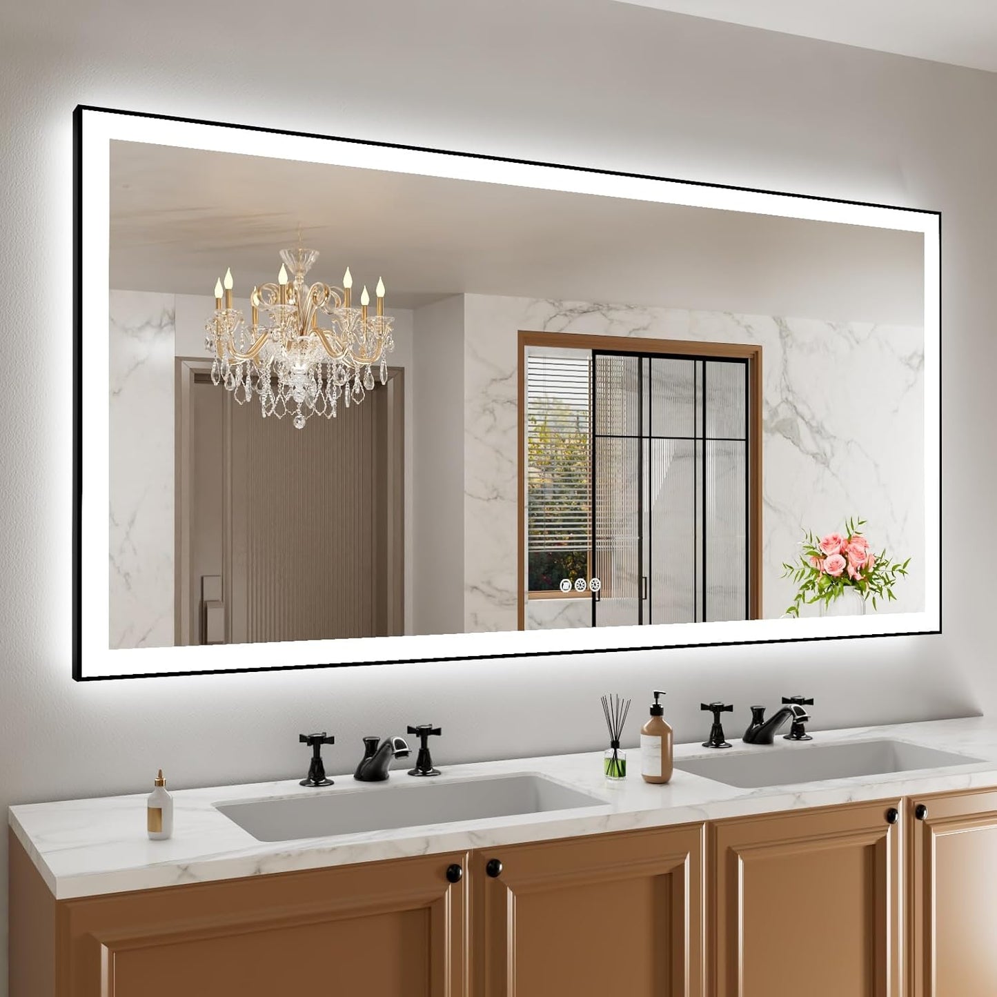 Amorho 72"x 36" LED Bathroom Mirror with Black Frame, Front Light and Backlit(Controlled Separately), Stepless Dimmable, Anti-Fog, Shatter-Proof, 3 Colors, Memory