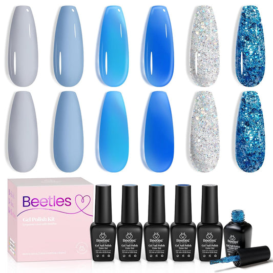Beetles Blue Gel Polish, 6 Colors Jelly Blue Gel Polish Sliver Glitter Nude Gray Translucent Nail Polish Chasing Breeze Jelly Gel Nail Art Design Soak off Nails Manicure for Girls Women