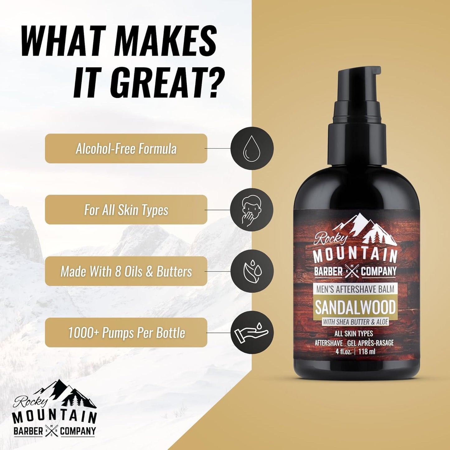 Rocky Mountain Barber Company Aftershave Balm for Men – with Sandalwood Essential Oil, Coconut Oil and Shea Butter – Applies Easily - 4 oz