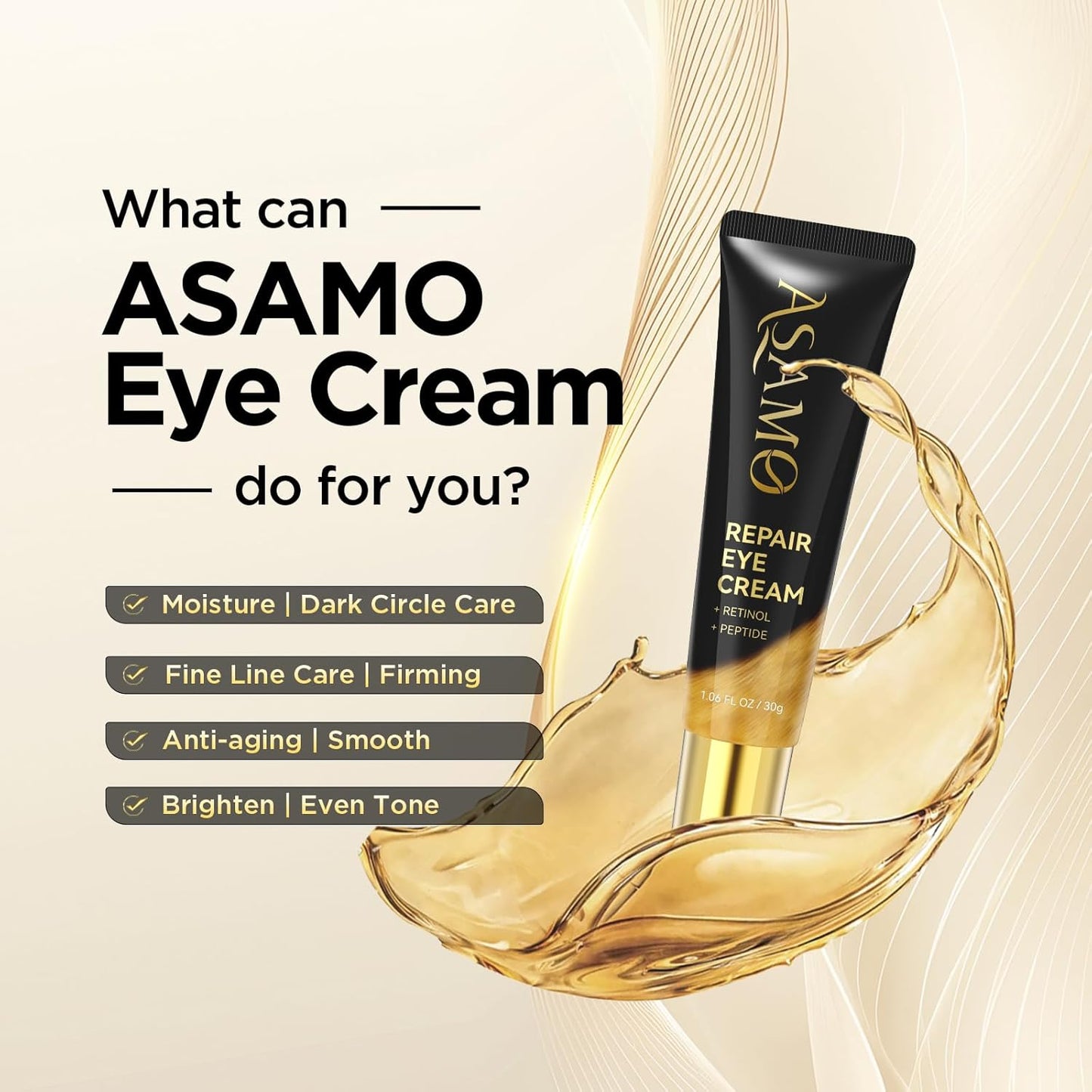 ASAMO Retinol Eye Cream – Retinol and Peptides for Fine Lines, Puffiness, and Under-Eye Shadows, Anti Aging, Eye Care Daily Wrinkle Cream,1.06 fl.oz