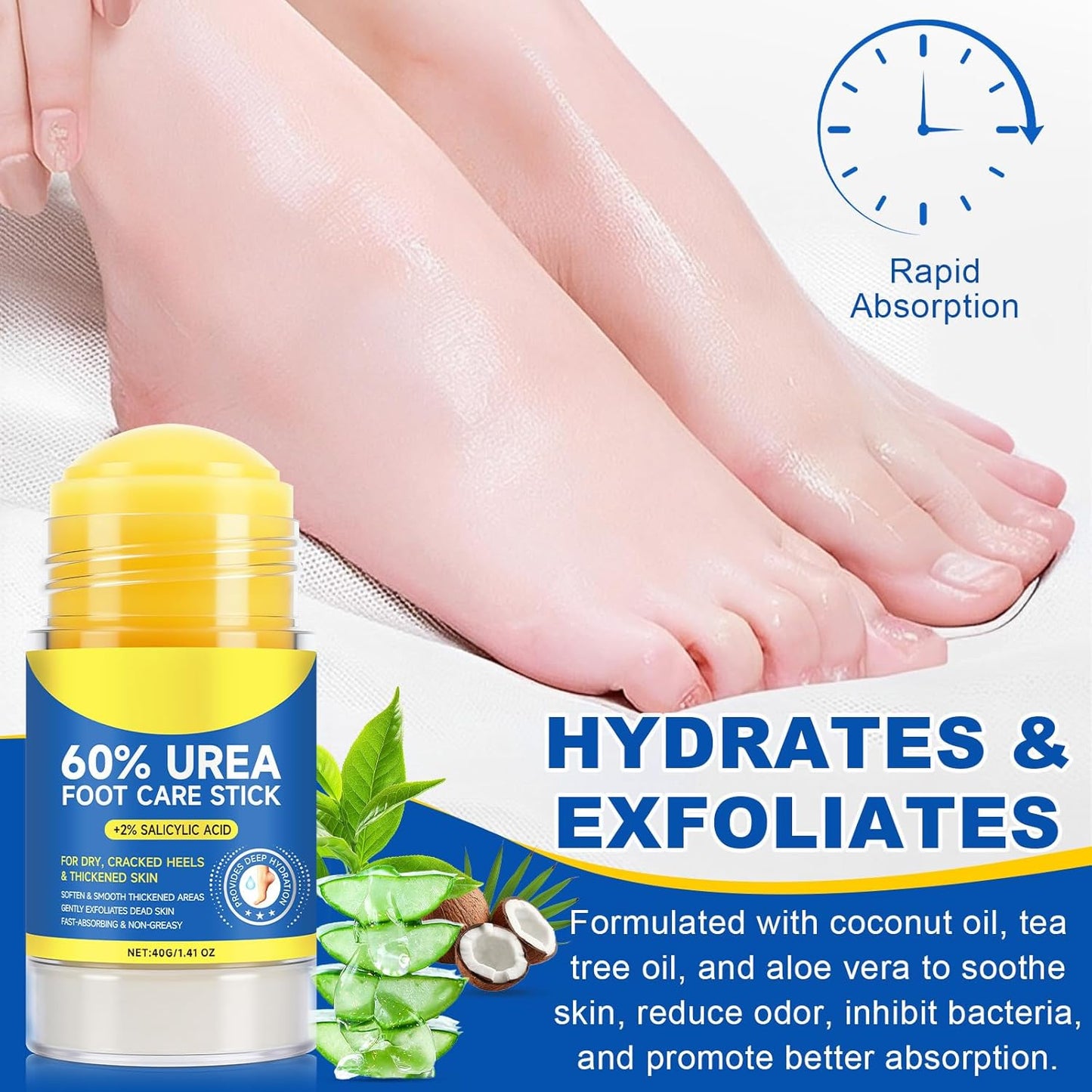 Urea Cream 60% Hydrating Foot Care Stick 2Pack, 1.41 Fl Oz Foot Cream Moisturizer for Dry Cracked Feet & Hands, Feet Lotion Fast Repairs Rough Heels, Callus Remover