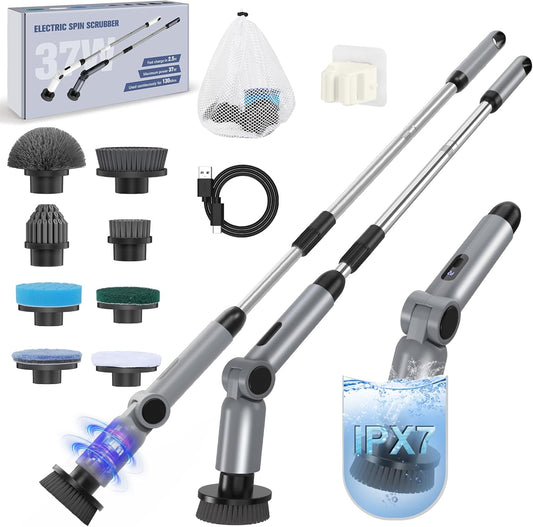 Electric Spin Scrubber, [IPX7 Waterproof ] [50KG Torque] Shower Scrubber with 9 Brush Heads, 2 Speed Mode, 4 Adjustable Angles, Electric Brush for Cleaning for Bathroom Floor Tile (Gray)